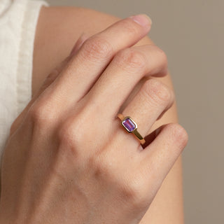 Isabel Amethyst gold ring worn on hand model