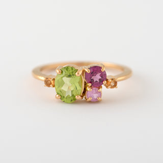 Peridot, Pink Sapphire, Rhodolite, and Citrine cluster ring Taylor front view