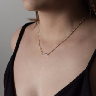 Small Opal bar necklace Alyssa worn