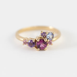 Margot Rhodolite and Amethyst cluster gold ring top view